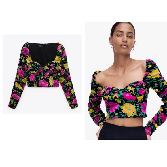 Zara cropped floral top with sweetheart bustline and ruched sleeves size Large - Picture 3 of 16
